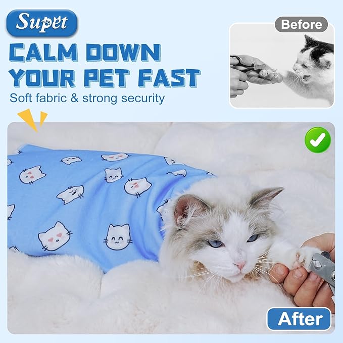 Supet Cat Wrap for Cutting Nails, 2025 Self-Adherent Cat Grooming Wrap, Anti-Escape Calming Cat Swaddle Wrap for Medicine, Nail Clipping, Teeth Brushing, Ear Cleaning