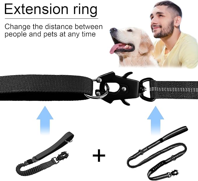 20” Strong Short Leash for Dog, Heavy Duty Bungee Dogs Leash with Padded Handle Car Seatbelt, Small Dog Training Leashs for Large or Medium Dogs - Can be Used with Other leashes (Black)
