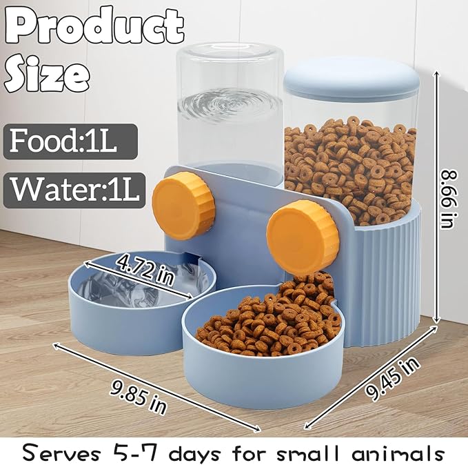 kathson Automatic Rabbit Food and Water Dispenser for Cage, Auto Gravity Bunny Feeder and Water Set Hanging Small Animal Feeding & Watering Supplies for Guinea Pig Ferret Puppy Kitten (Blue)