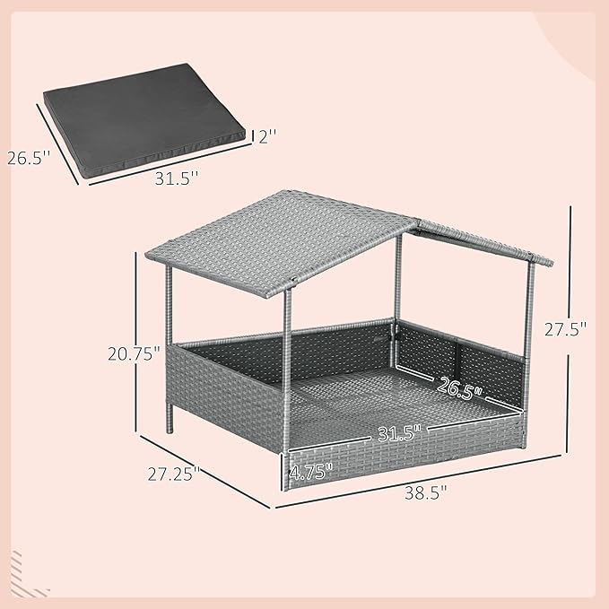 PawHut Wicker Dog House Outdoor with Canopy, Rattan Dog Bed with Water-Resistant Cushion, Raised Dog Bed for Small, Medium Dogs up to 66 lbs, 19.75" in Length, Silver Wicker, Gray Cushion