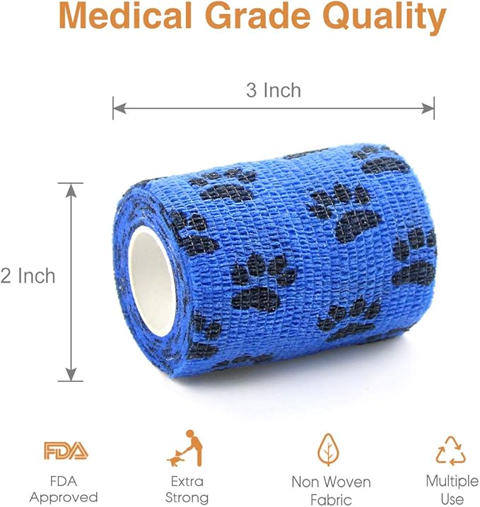 AUPCON Vet Wrap Cohesive Bandages Bulk Self Adhesive Bandage Wrap Self Adherent Wrap Non-Woven for Dogs Pet Animals & Ankle Sprains & Swelling (3 Inch Blue Claw)