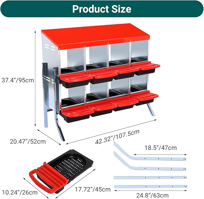 Chicken Nesting Box, 8 Hole 2 Layer Hen Nest Boxes with Legs, Roll Away Eggs Laying Boxes,Cleanable Pull Out Hen Roosting Boxes