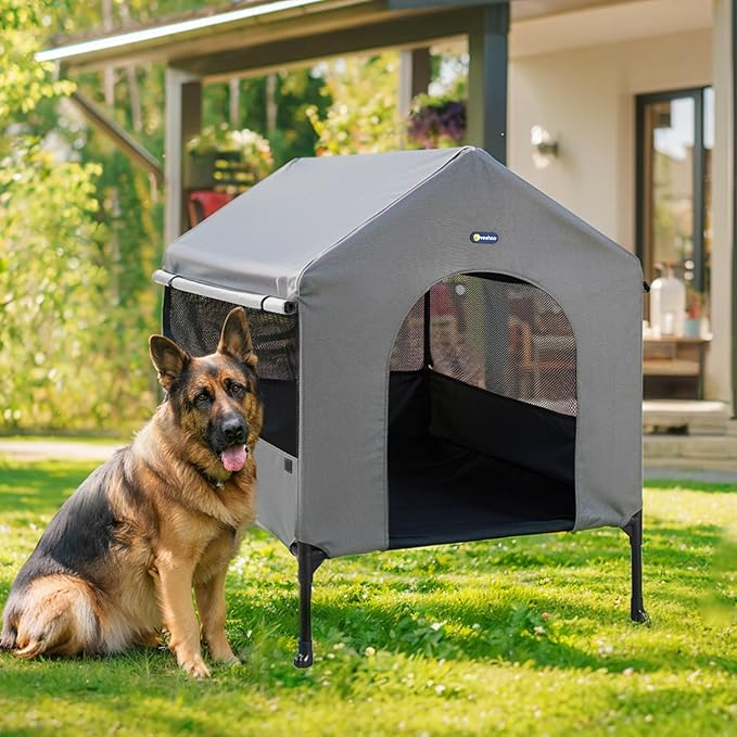 Veehoo 41" Dog House, 2-in-1 Large Dog House Outdoor Indoor Weatherproof, Outside Elevated Dog Cot Bed Dog Tent Shade, Three-Sided Breathable Mesh Windows and Sunshades, CWC2435CP