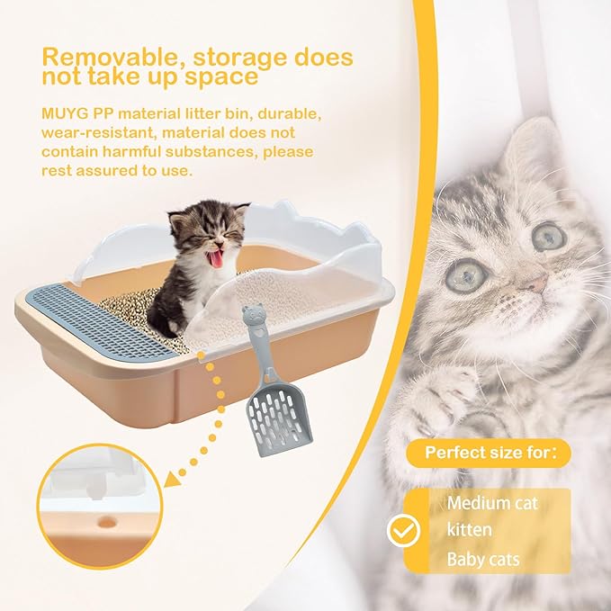 Open Cat Litter Box with High Side,Anti-Splashing Cats Litters Pan,Kitten Toilet with Litter Sifting Scoop,Semi-Enclosed Removable Kittens Litter for Boxes Easy to Clean No Odork(Khaki)