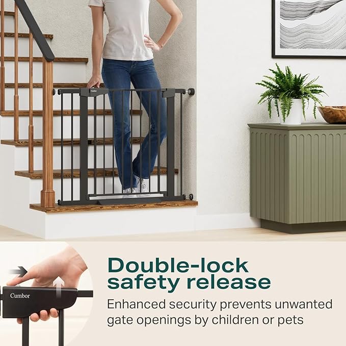 Cumbor 2 Pack 29.7-40.6" Baby Gate for Stairs, Mom's Choice Awards Winner-Dog Gate for Doorways, Pressure Mounted Self Closing Pet Gates for Dogs Indoor, Safety Child Gate with Easy Walk Thru Door