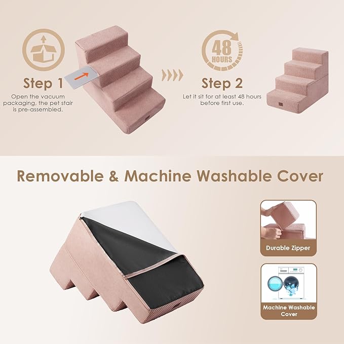 EHEYCIGA Dog Stairs for Bed 18" H, 4-Step Dog Steps for High Bed, Pet Steps for Small Dogs and Cats, Non-Slip Balanced Pet Ramp Indoor, Pink
