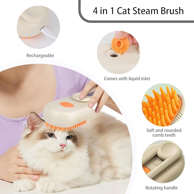 cat steam brush for shedding -4 in 1 Rechargeable Steam Brush for Cats and Dogs, Anti-static, Massage, Cleaning, Shedding & Combing All In One! grooming tool for cats and dogs（Brown）