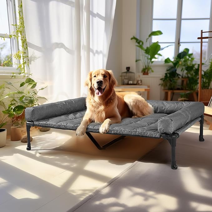 Veehoo Cooling Elevated Dog Bed Add Removable Waterproof Bolster Cushion Mat, Raised Pet Cot with Breathable Teslin Mesh, No-Slip Feet, Dog Sofa Bed for Indoor Outdoor, XLarge, Black Silver