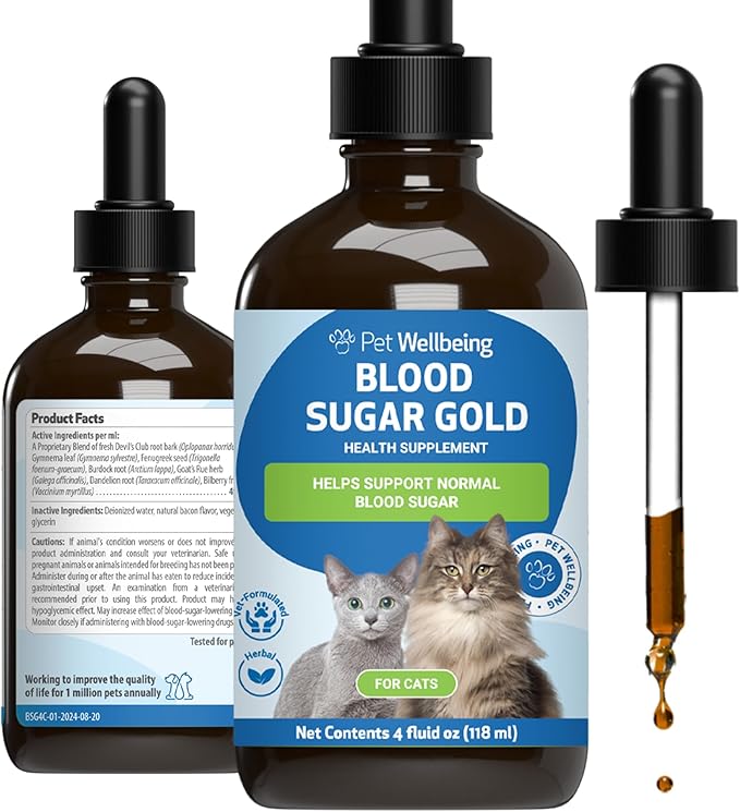 Pet Wellbeing Blood Sugar Gold for Cats - Healthy Blood Sugar Levels, Pancreas & Liver Function, Devil’s Club, Gymnema - Veterinarian-Formulated Herbal Supplement 4 oz (118 ml)