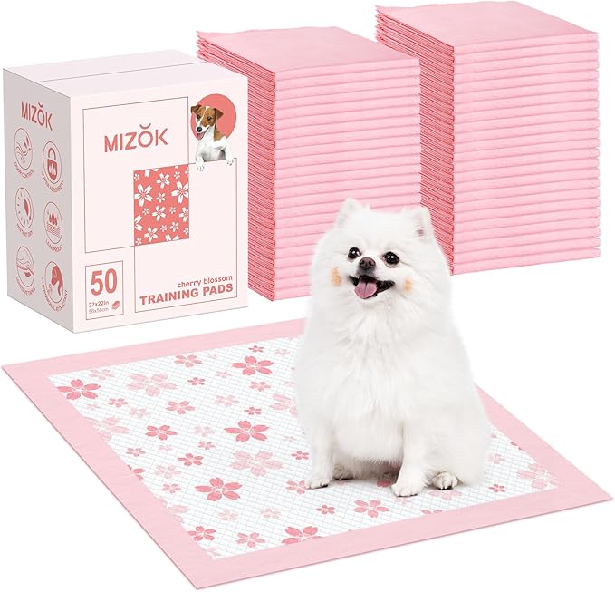 MIZOK Puppy Pads 22"x 22" with Leak-Proof Quick-Dry Design Pee Pads for Dogs Potty Training, 6-Layer Standard Absorbency Dog Pee Pads Regular Size, Pink Cherry Blossom Pattern (50 Counts)