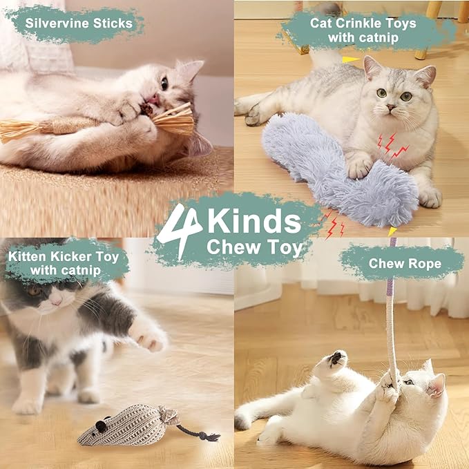 7-in-1 Interactive Cat Toys for Indoor Cats with Washable Adhesive Suction Cup, Hanging Cat Toys, Silvervine Stick and Sisal Chew Rope Catnip Teething Toy for Bored Kitten