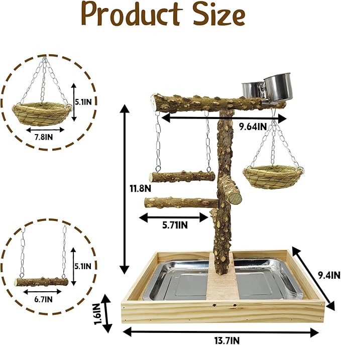 Tfwadmx Bird Perch Natural Wood Stand Toy Parrot Play Stand Platform and Hanging Bird Nests Bird Cage with Removable Tray and 2 Stainless Steel Cups for Parakeets Canaries Cockatiels Conure Lovebirds