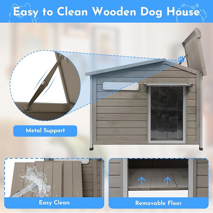 Outdoor Dog House Weatherproof Large Wooden Dog Kennel Indoor for Small Dogs with Chew-Proof Frame, Oxford Fabric Window, Removable Floor Pet Shelter (Grey, 40.1" D x 26.4" W x 28" H)