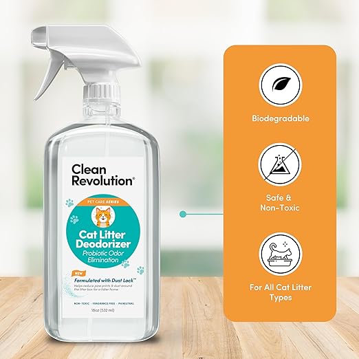 Clean Revolution Cat Litter Deodorizer Spray – 18oz, Probiotic Odor Elimination with DustLock™, Fragrance-Free, Extends Litter Life, Non-Toxic, Safe for All Cats, Made in USA