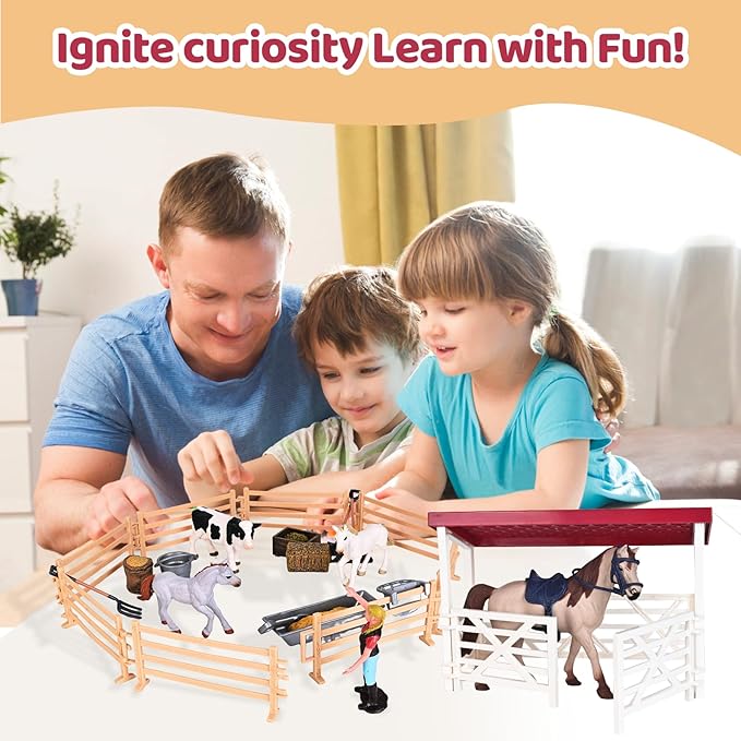 Horse Club Riding Arena 71-Piece, Horse Stable Toys Playset, Farmmer Figures,Farm Animal Figurine, Coffee Shop, Barn with Fence Toys for 3-7 Years Old Kids Boys Girls Toddlers