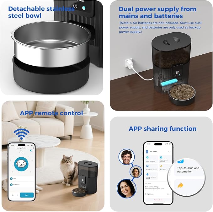 PAPIFEED Automatic Cat Feeder 3.5L/15 Cup 2.4G WiFi Pet Feeder for Dog Work with Alexa & Echo Timed Cat Food Dispenser for Remote Feeding with Stainless Steel Bowl up to 10 Meals Per Day with APP