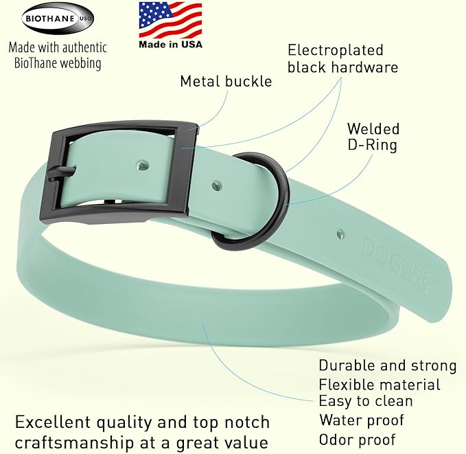 Dogline Biothane Waterproof Dog Collar Strong Coated Nylon Webbing with Black Hardware Odor- Proof for Easy Care Easy to Clean High Performance Fits Small Medium or Large Dogs, Sage Green
