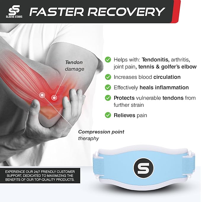 Sleeve Stars Tennis Elbow Brace for Men & Women, Tendonitis Elbow Brace & Strap Golfers Elbow Brace Counterforce Band for Tendon Pain Relief & Support for Forearm w/ 3 Straps Fits 9-23" (Pair/Light Blue)