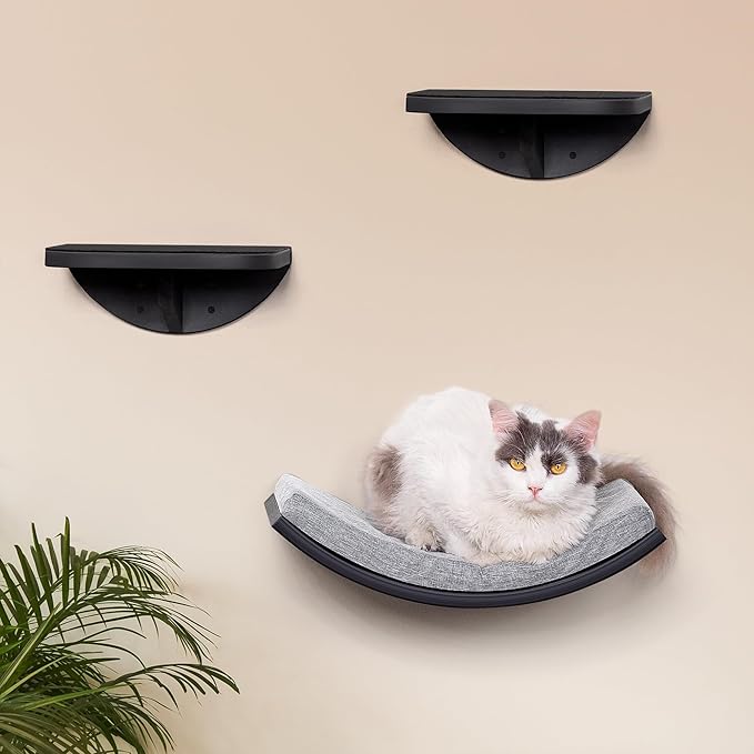 Cat Wall Shelves Set - Curved Wall Foam Bed and 2 Floating Wall Grey Steps, Wall Mounted Cat Climbing Shelves for Sleeping, Playing, and Lounging