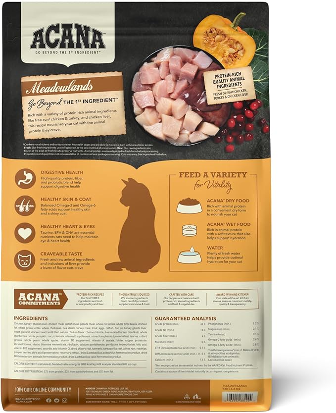 ACANA Highest Protein Meadowlands Grain-Free Dry Cat Food, Free-Run Chicken and Turkey and Chicken Liver Cat Food Recipe, 4lb