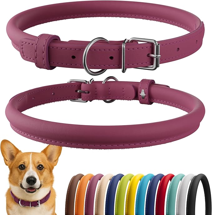 CollarDirect Rolled Leather Dog Collar, Soft Padded Round Puppy Collar, Handmade Genuine Leather Collar Dog Small Large Cat Collars 13 Colors (11-14 Inch, Pink Smooth)