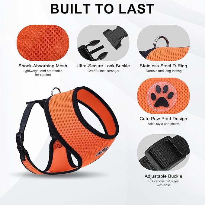 BINGPET No Pull Dog Harness,Soft Mesh Breathable All Weather Vest Harness,Safety Protection Design Durable Adjustable Step-in Easy Walk Dog Harness for Small Medium Large Dogs(Orange,XS)