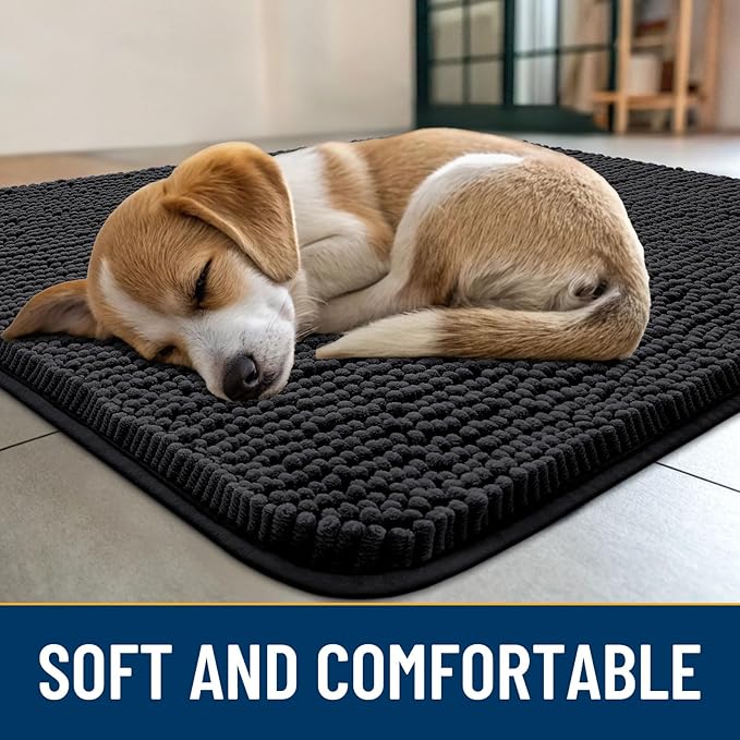 Smiry Dog Door Mat for Muddy Paws 70x24, Absorbs Moisture and Dirt Doormat, Non-Slip Washable Quick Dry Chenille Front Door Mat Indoor Entrance, Entryway Carpet for Inside Floor, Black