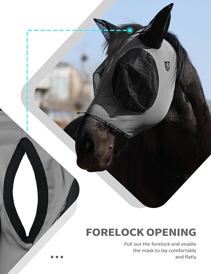 Harrison Howard Horse Fly Mask with Forelock Opening Stretch Breathable and Comfortable for Horses UV -Protection Grey L