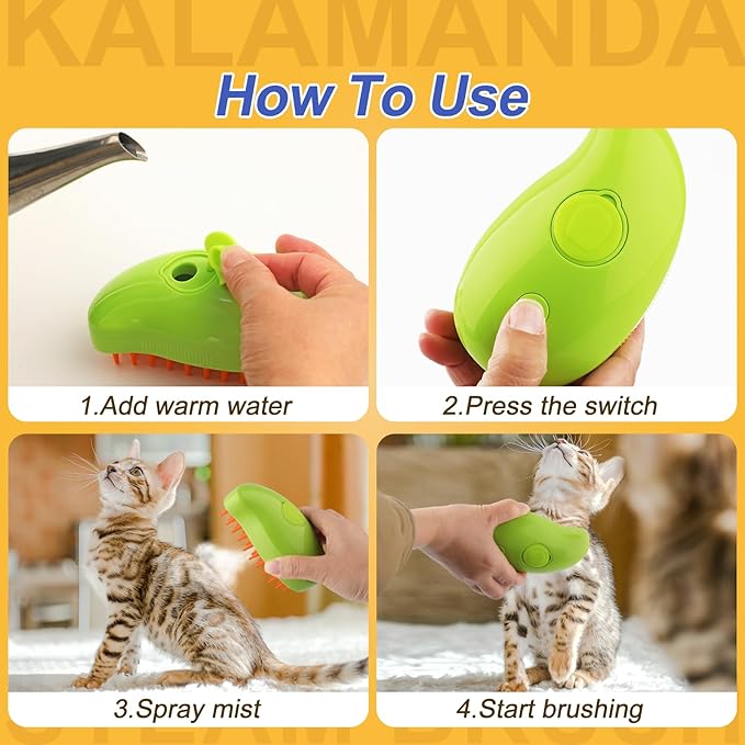 3 in 1 Cat Steamer & Brush - Silicone Massage Grooming Tool, Pet Hair Cleaning Comb for Cats & Dogs (Mango Green)