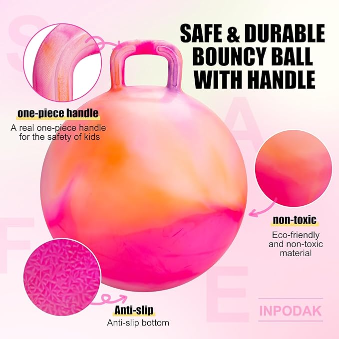 INPODAK Hopper Ball 18 Inch Bouncy Ball with Handle for Kids, Hippity Hop Jumping Bounce Hopping Toy for Boys Girls Ages 3-6 Includes Pump and Gift Box Great Gift for Birthday