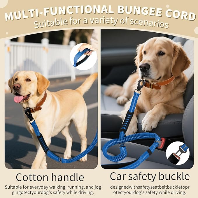 Heavy Duty Tactical Bungee Dog Leash, 4-6FT Shock Absorbing Tactical Dog Leash with 2 Padded Handles, Metal Carabiner Clip,Car Seatbelt, Reflective Dog Leashs for Medium Large Dogs (Blue)