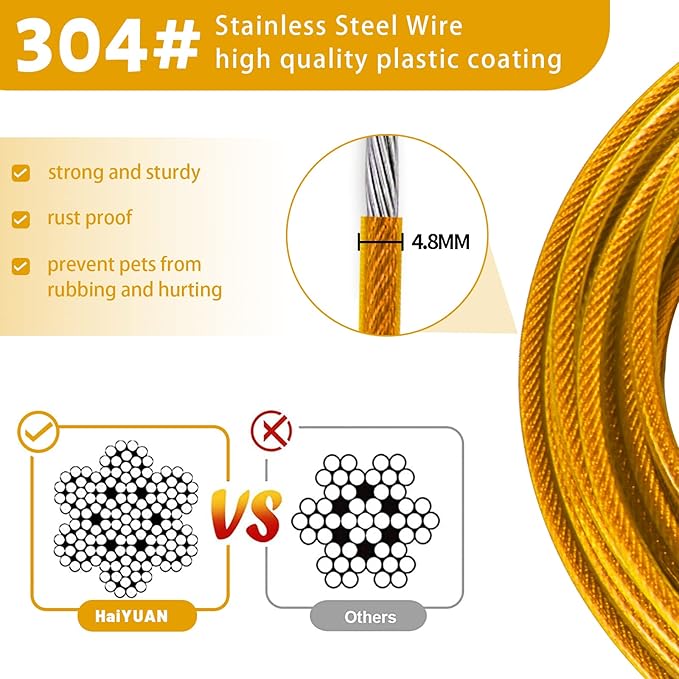 Dog Tie Out Cable 10/15/20/25/30 FT Runner for Yard Steel Wire Cable with Durable Superior Clips Yellow Chains for Outside Dog Lead for Large Up to 165 Lbs