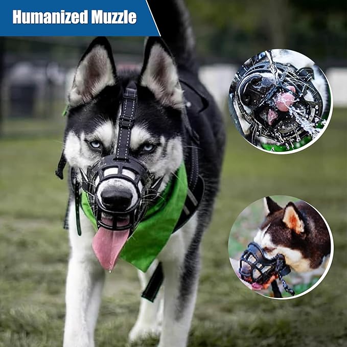 Dog Muzzle, Breathable Basket Muzzles for Small Medium Large Sized Dogs, Adjustable Humane Cage Mouth Cover for Scavenging Grooming Biting Chewing, Allows Panting and Drinking(Soft Rubber, L)