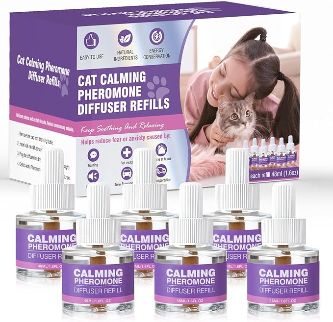 Cat Pheromones Calming Diffuser Refill 6 Pack Multicat Pheromone Diffusers Refills Relieve Anxiety Stress Reduce Spraying Fighting and Scratching for Cats Calm 48ml Fit All Common Diffusers Plug In