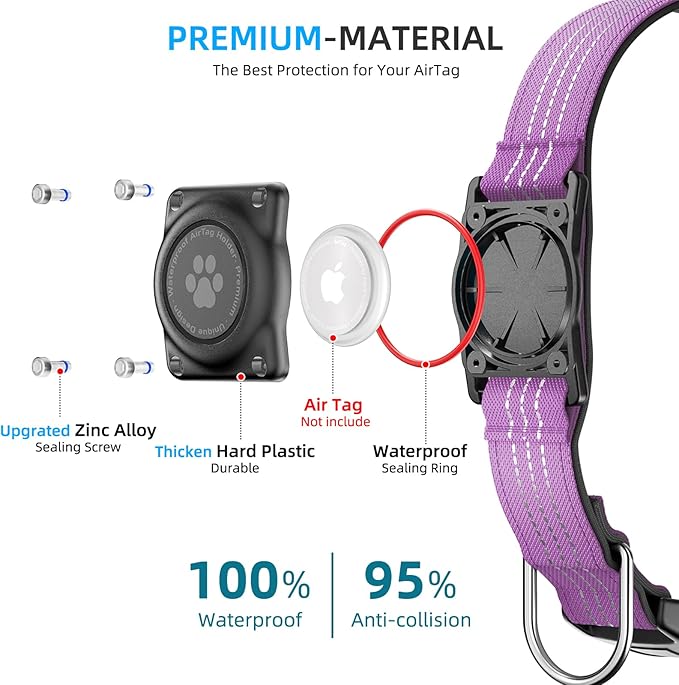 Upgraded AirTag Dog Collar, IP68 Waterproof Air Tag Dog Collar Holder, Reflective, Ultra-Durable, Comfortable Padded, Heavy Duty Dog Collars for Small Medium Large Dogs (XL (15.6"-22"), Purple)