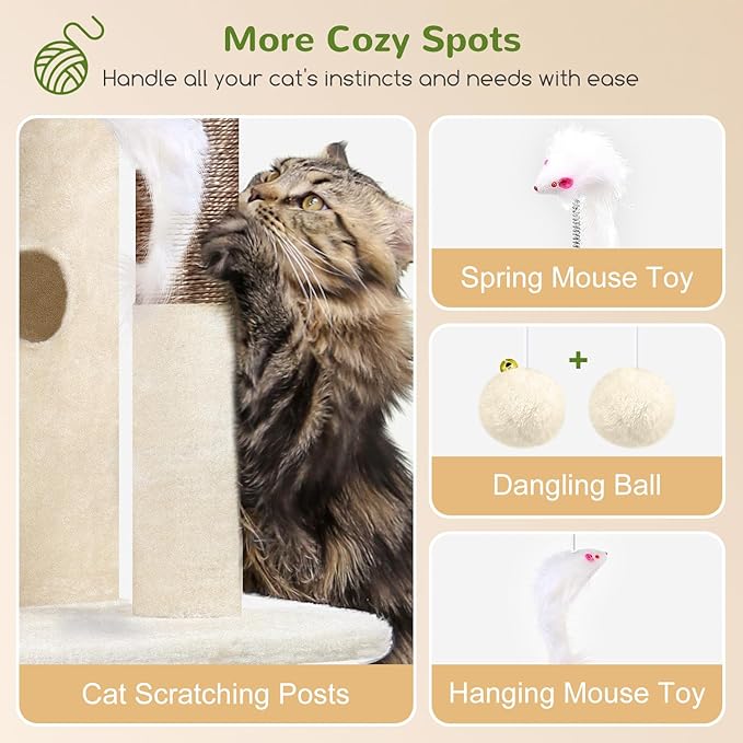 Globlazer Cat Tree Tower for Indoor Cats, 50-inch Adult Cat Tree House for Large Adult Cats with Steps, Scratching Post, 2 Cat Caves, Dangling Toys, FC50, Beige