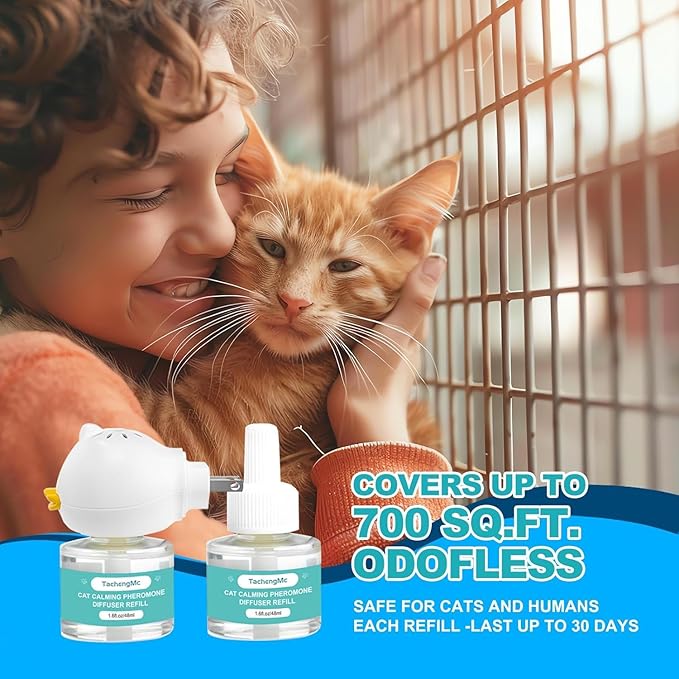 Cat Calming Diffuser, Cat Pheromones Calming Diffuser, Effectively Relieve Anxiety Stress Cat Diffuser Calming Multicat with 1 Diffuser + 2 Refill 48ml Last 60 Days Fits All Cats