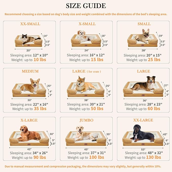 Comfort Expression Large Dog Beds Waterproof, Orthopedic Dog Beds for Large Sized Dogs, Comfy Pet Bed Sofa with Washable Removable Cover & Non-Slip Bottom(Khaki)