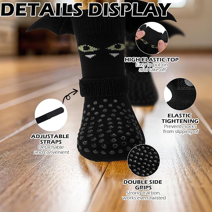EXPAWLORER Halloween Anti Slip Dog Socks to Prevent Licking Paws, Boots & Paw Protectors with Grippers,Doggie Booties for Hardwood Floors for Small Medium Large Senior Dogs Costume Black Devil Wings L