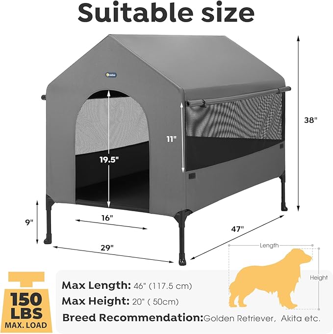 Veehoo 47" Dog House, 2-in-1 X-Large Dog House Outdoor Indoor Weatherproof, Outside Elevated Dog Cot Bed Dog Tent Shade, Three-Sided Breathable Mesh Windows and Sunshades, CWC2435CP