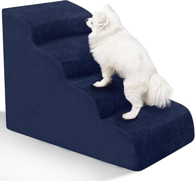 Dog Stairs for Small Dogs - High Density Foam Pet Steps, Extra Wide Dog Ramp with Non-Slip Bottom for High Beds, Couch and Sofa, Best for Dogs Injured, Older Doggy Cats, 4 Steps, Navy