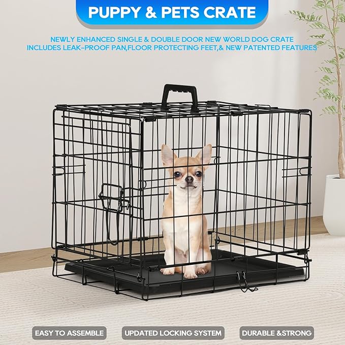 FDW Dog Crate for Small Dogs 18 Inch Folding Metal Wire Pet Cage Double Door W/Divider Panel Indoor Outdoor Kennel Leak-Proof Plastic Tray,Black