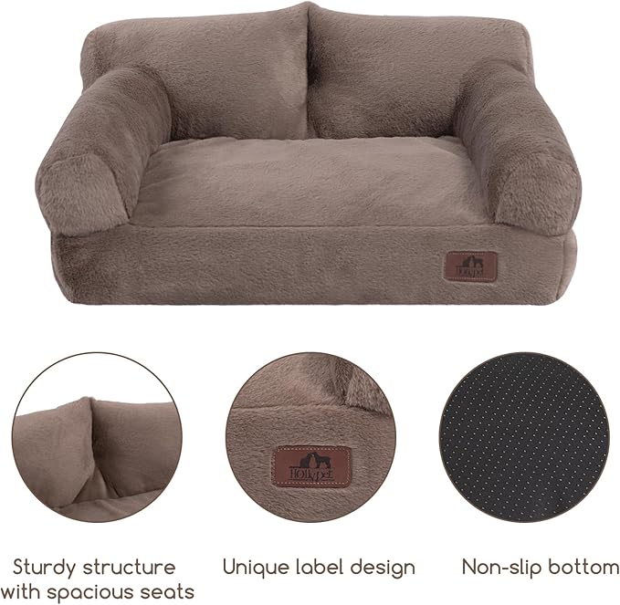 Hollypet Fluffy Plush Pet Sofa Soft Calming Pet Sofa Beds for Medium Small Cats and Dogs, Dark Brown