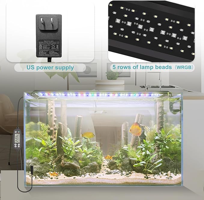 24/7 LED Aquarium Light, IP68 Waterproof Extendable Bracket Fish Tank Light with Timer, 7 Colors, 10 Level Adjustable Brightness, DIY Mode Full Spectrum Aquarium Plant Light for 48-54 Inch Fish Tank