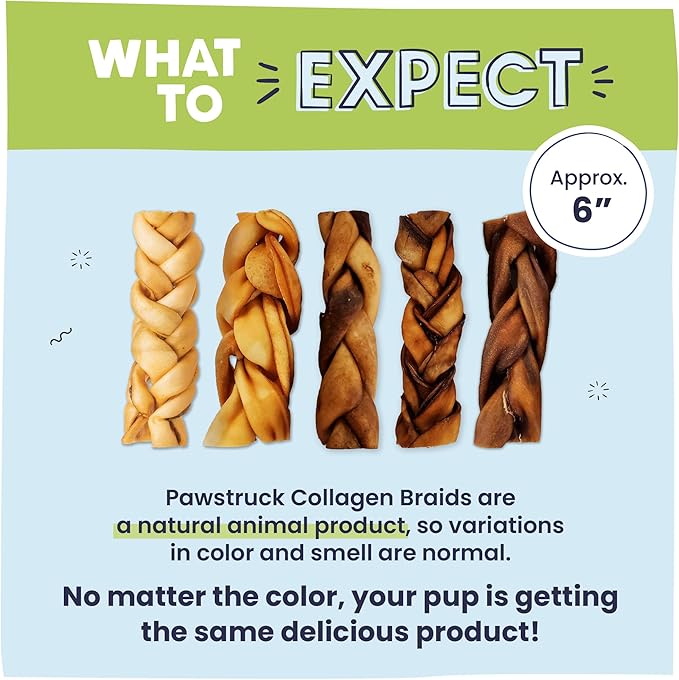 Pawstruck Natural 5-7” Beef Collagen Braids for Dogs – Long-Lasting Rawhide & Bully Stick Alternative, with Chondroitin & Glucosamine – 5 Pack