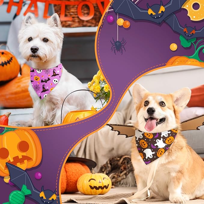 Weewooday 50 Pcs Halloween Dog Bandanas Bulk Pumpkin Ghost Bandanas for Dogs Soft Triangle Bibs Adjustable Triangle for Small Medium Large Pets Halloween Party Costume(25.6 x 17.7 x 17.7 inch)