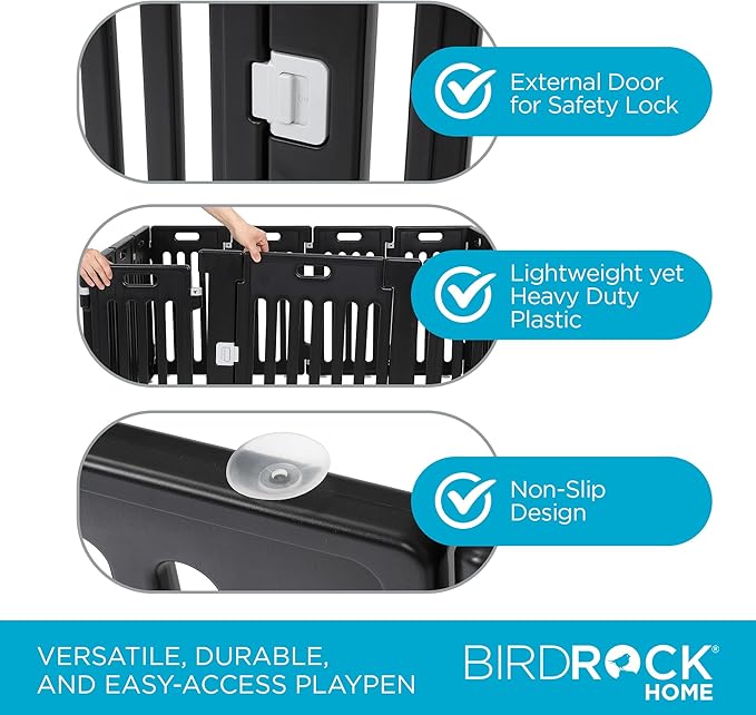 BIRDROCK HOME Dog Playpen w/Door, 12 Panel, 25.6in H | Strong Plastic, Non-Slip Puppy Playpen, Secure Pet Gate | Indoor Outdoor Fence | Configurable Panels | Small to Medium Pets - Black