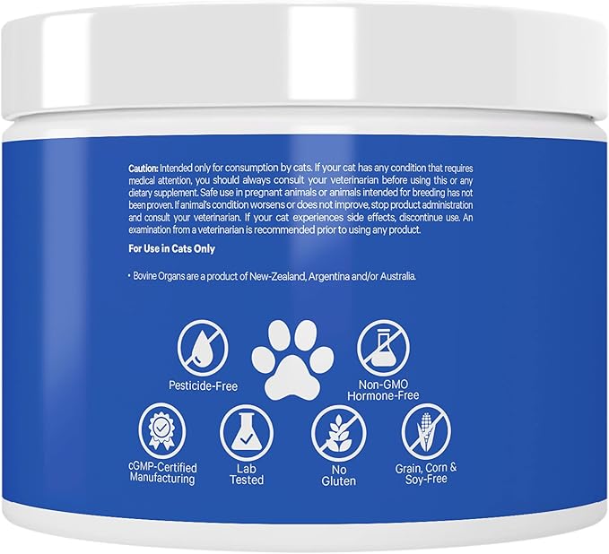 Happy Healthy Organs & Glands Supplement For Cats, Freeze-Dried Raw Bovine Liver Grass-Fed Bone Marrow Heart Kidney Pancreas, Bovine Thymus Iron Multi Organ Powder, Joints Cat Vitamins 1.48 oz