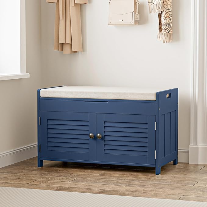 Shoe Storage Bench with Lift Top Storage, Entryway Bench with Cushioned Seat, Adjustable Shelf, 2 Tier Shoe Rack with Doors for Entryway, Bedroom, Hallway, Mudroom, Blue