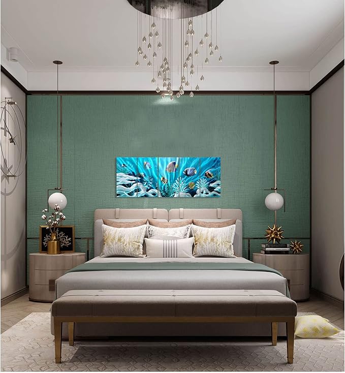 SYGALLERIER Fish Metal Wall Art Hand Crafted Large 3D Sea Life Pictures Modern Abstract Coastal Aluminum Artwork Contemporary Sculpture for Living Room Bedroom Dinning Decor